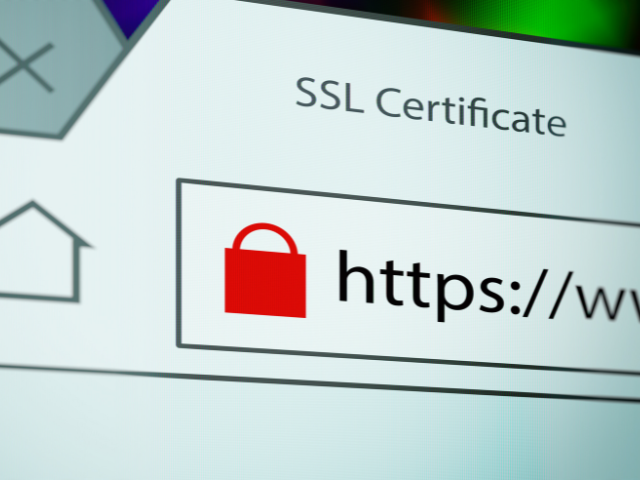 A imagem mostra uma interface de navegador com destaque para a barra de endereços, onde aparece o ícone de um cadeado vermelho ao lado de "https://", indicando um possível problema com o certificado SSL. Acima, lê-se "SSL Certificate", sugerindo que o tema da imagem é segurança de sites na internet.