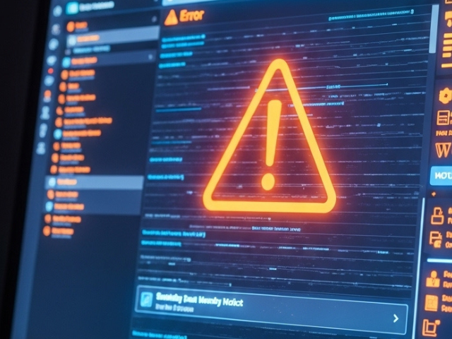 Tela de computador exibe um grande ícone de alerta, indicando erro crítico em um sistema ou painel técnico, com códigos e menus visíveis ao fundo.