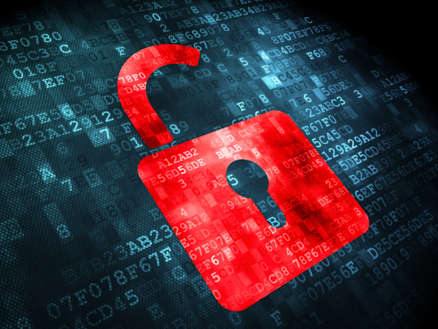 Cadeado vermelho aberto sobre um fundo digital repleto de números hexadecimais, simbolizando vulnerabilidade ou violação de segurança em sistemas digitais.