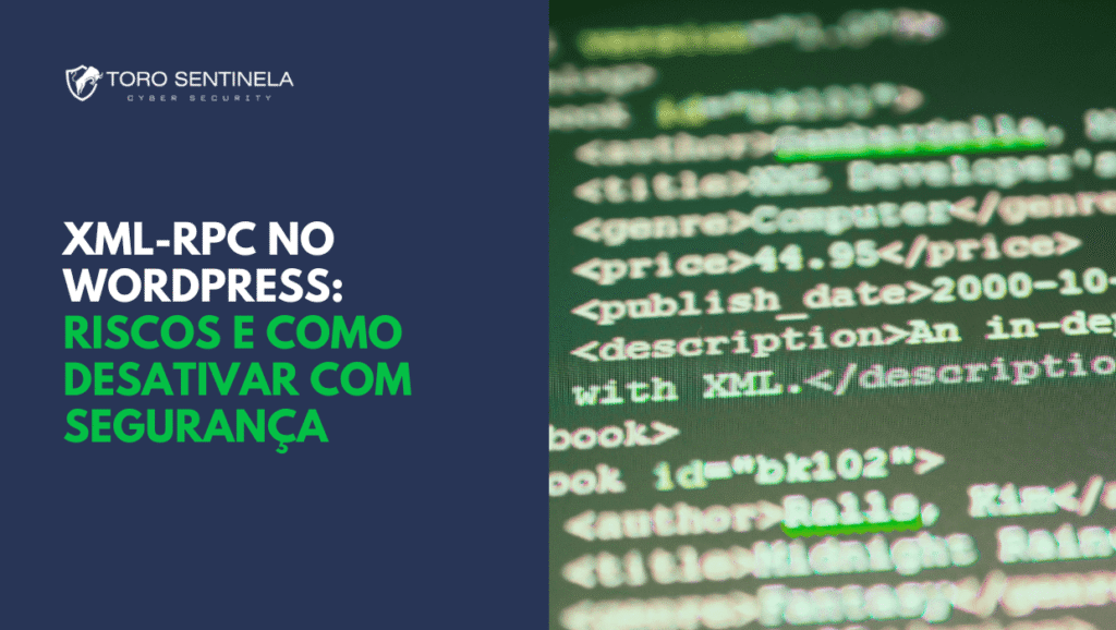 Tela exibe código XML com marcações de dados, como título, autor e preço, representando visualmente a interface técnica do protocolo XML-RPC e seus riscos de segurança no WordPress.