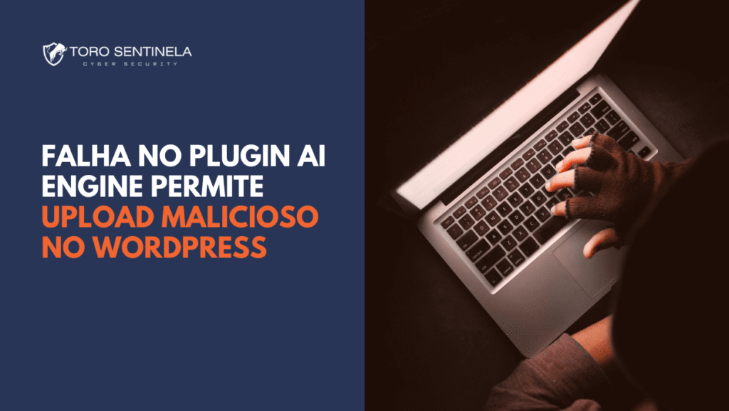 Pessoa com luvas digitando em um laptop, ilustrando ação suspeita ou ataque cibernético, usada para representar uma falha de segurança que permite upload malicioso no WordPress.