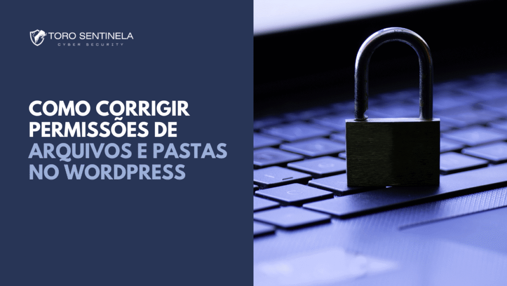 Cadeado metálico fechado está posicionado sobre um teclado de computador, simbolizando a proteção e o controle de acesso a arquivos e pastas, especialmente em ambientes WordPress. Imagem ilustra a importância de corrigir permissões para evitar vulnerabilidades.